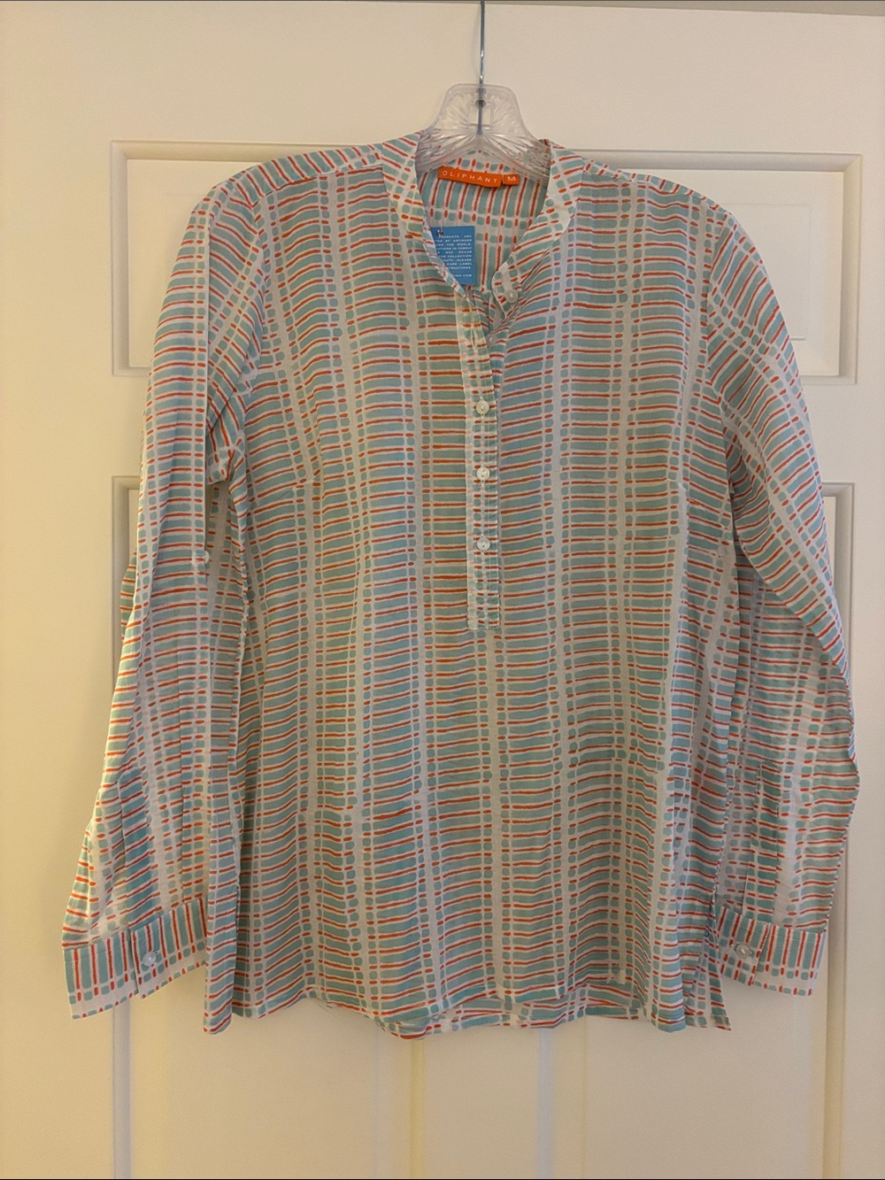 Oliphant Cotton Tunic in white, aqua, and coral stripes, NWT